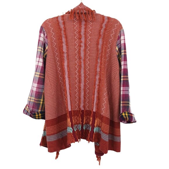 Gimmicks by BKE Open Front Fringe Cardigan Size Large Multicolor Plaid Boho - Picture 5 of 13